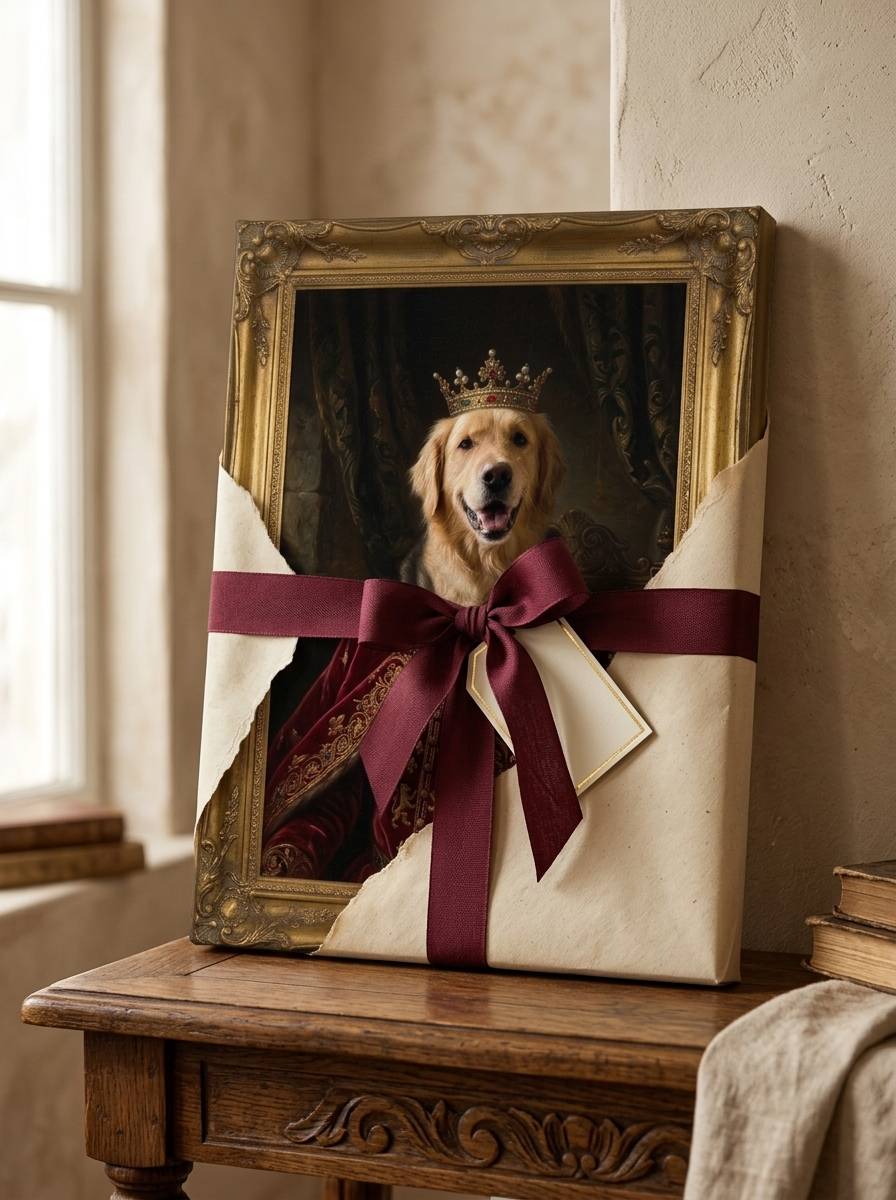 A framed royal pet portrait half wrapped in cream paper with a burgundy ribbon
