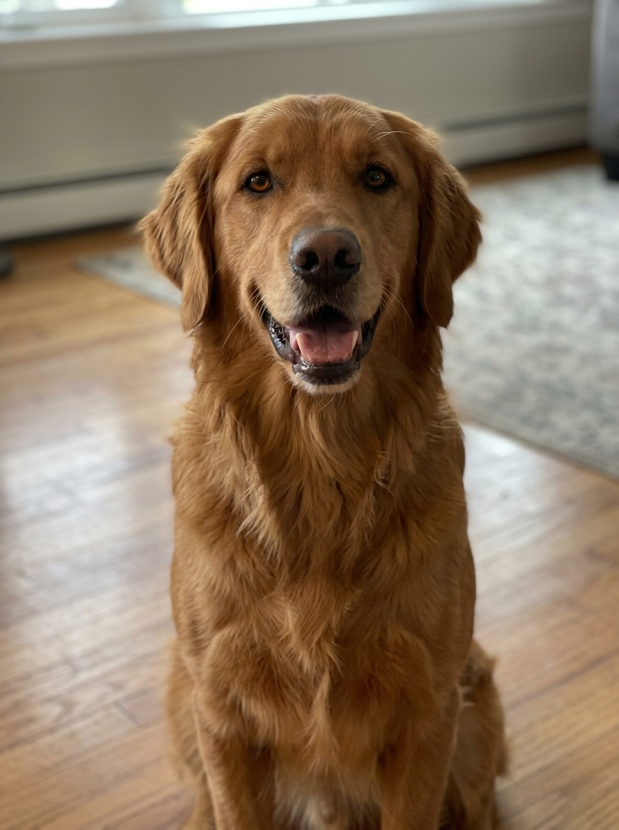 An ordinary phone photo of a golden retriever at home
