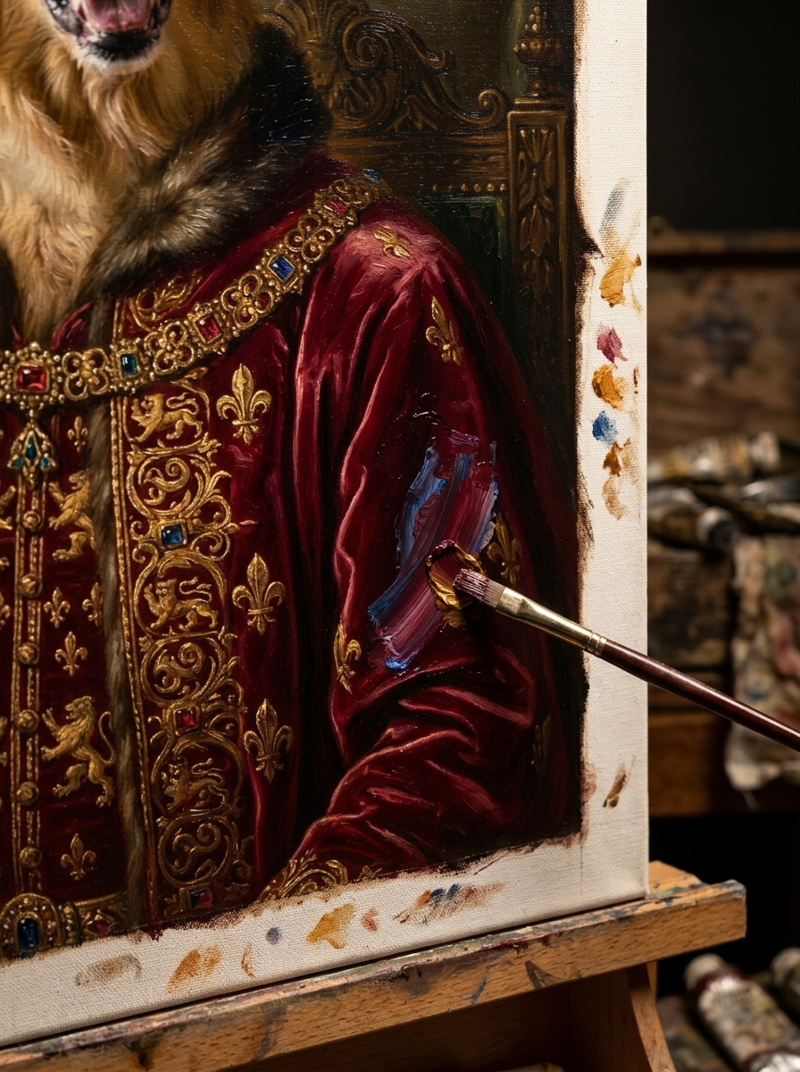 Close-up of the royal portrait as an oil painting in progress on an easel