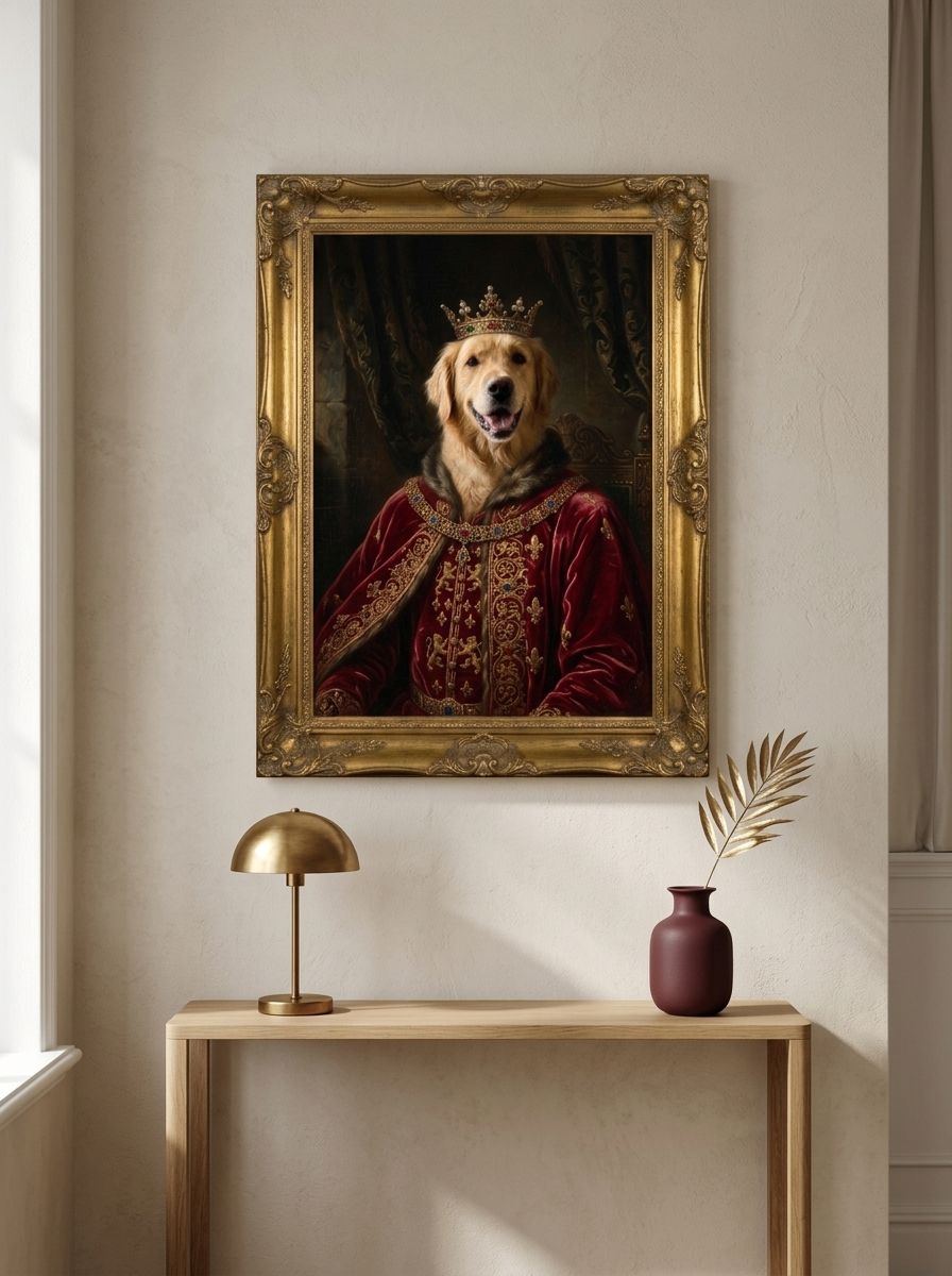 The finished framed royal portrait hanging on a living-room wall